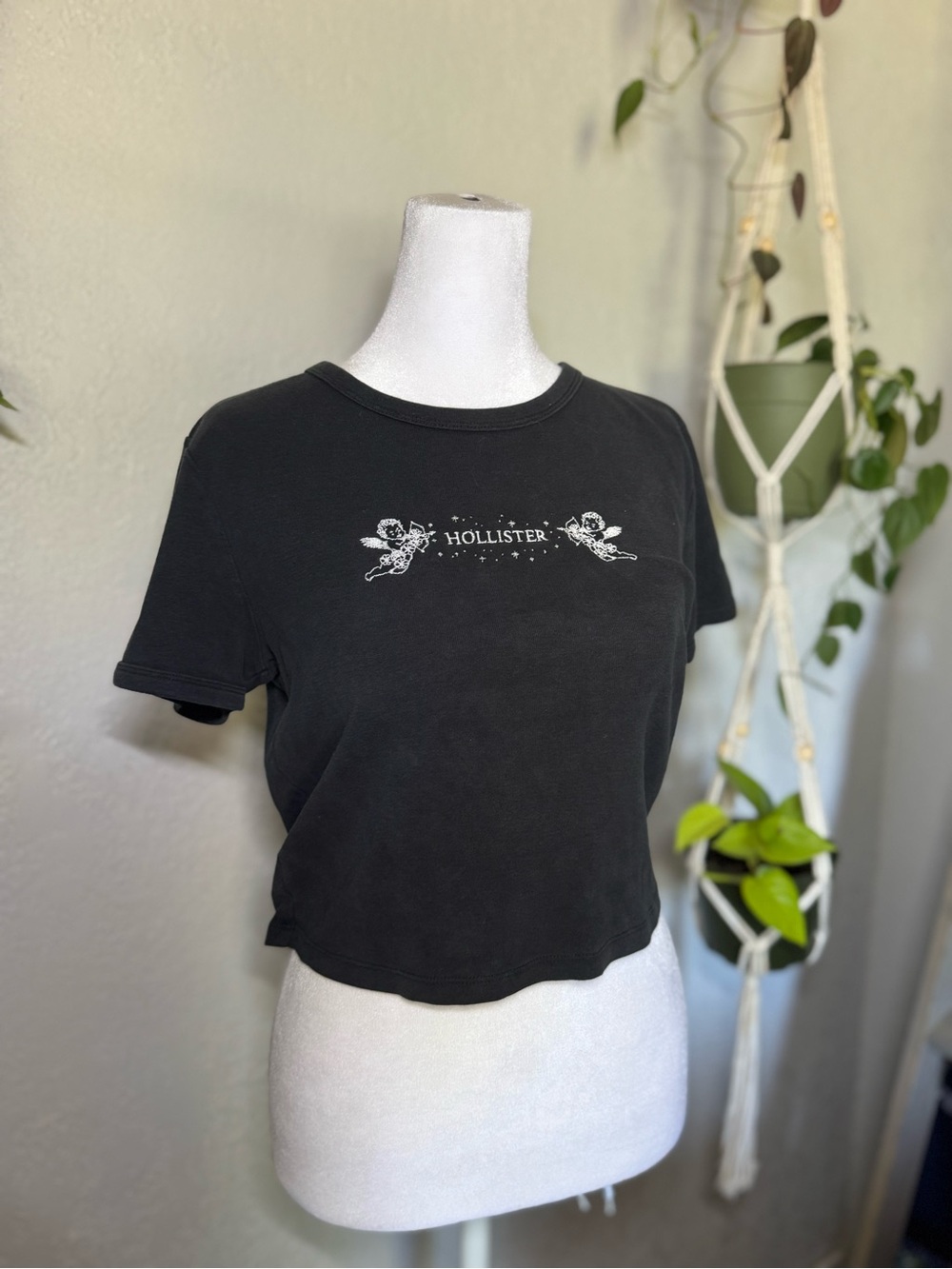 Hollister Black Cropped Tee with White Angel Graphic